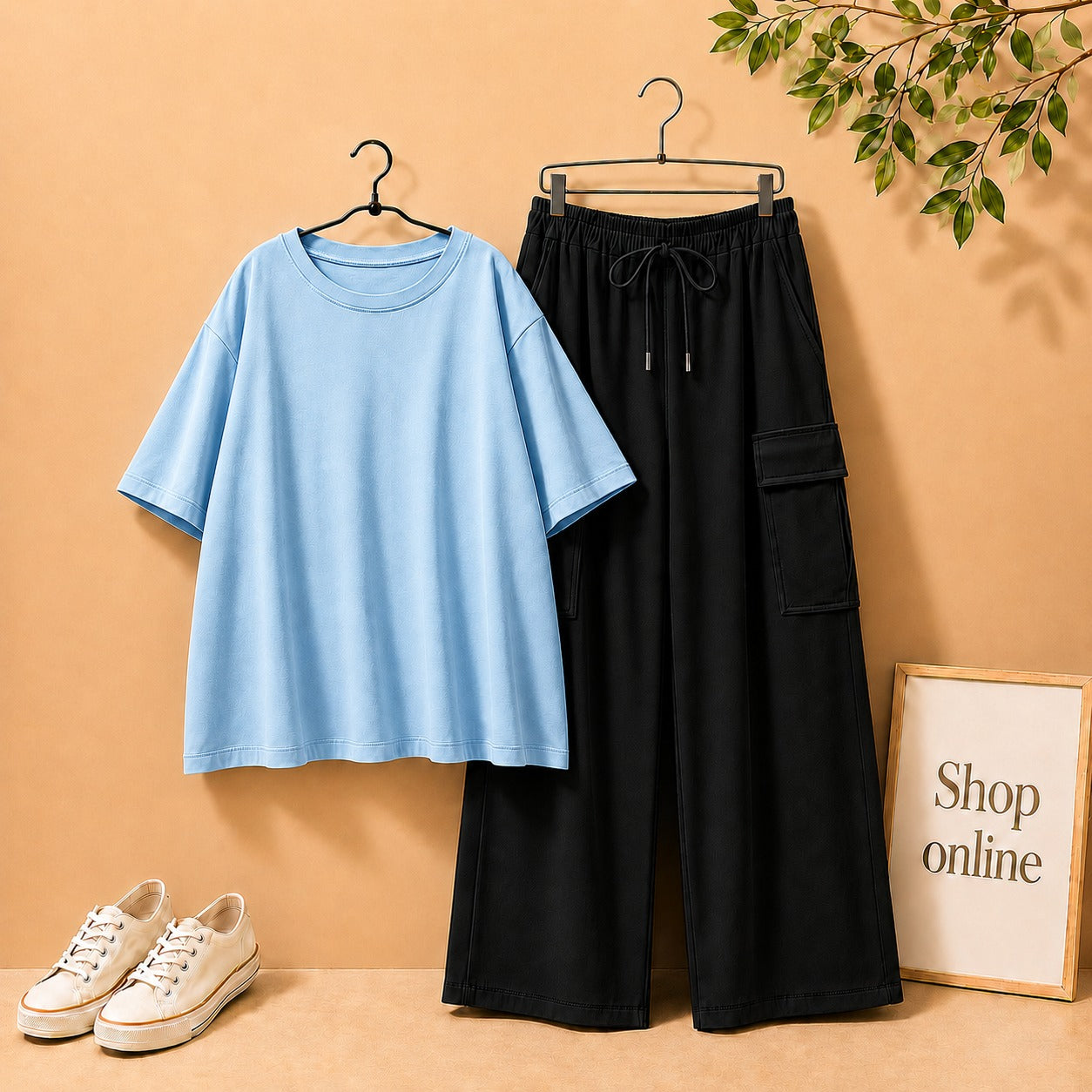 SKY BLUE DROP SHOULDER WITH BLACK CARGO TROUSER