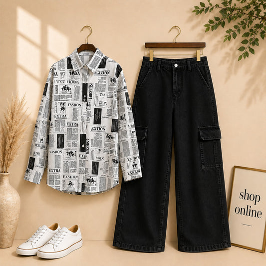 NEWSPAPER BUTTON SHIRT WITH BLACK CARGO WIDE LEG JEANS