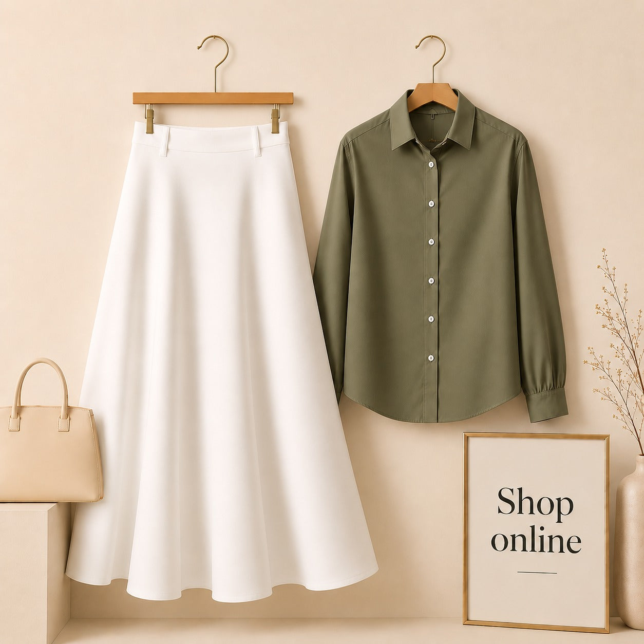 OLIVE GREEN BUTTON DOWN WITH WHITE SKIRT (Twill)