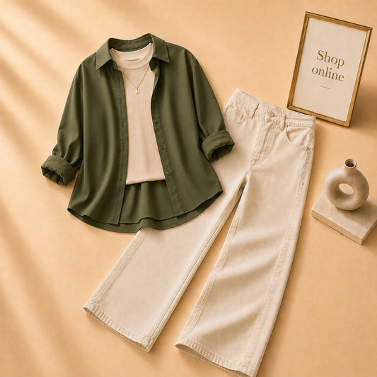 OLIVE GREEN BUTTON SHIRT WITH BEIGE TANKTOP AND BEIGE WIDE LEG JEANS (3PCS)