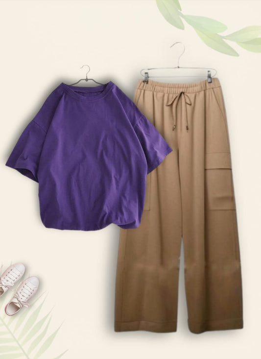 PLAIN PURPLE TSHIRT WITH BEIGE CARGO TROUSER