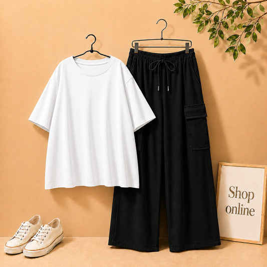WHITE DROP SHOULDER WITH BLACK CARGO TROUSER
