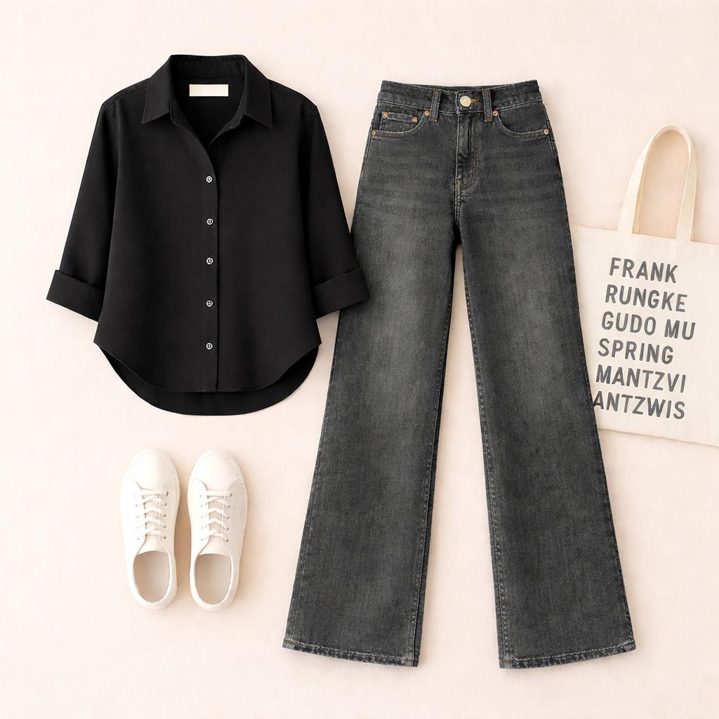 BLACK BUTTON SHIRT WITH MALAYSIAN BLACK WIDE LEG JEANS