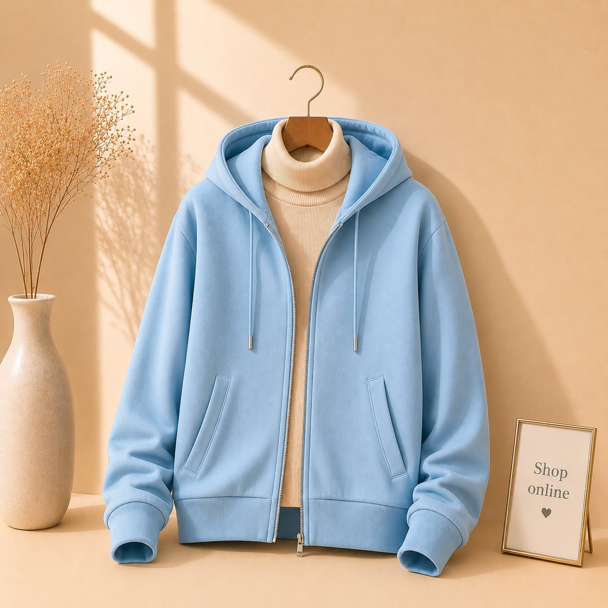 SKY BLUE ZIPPER HOODIE WITH BEIGE HINECK