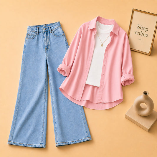 PINK BUTTON SHIRT WITH WHITE TANKTOP AND SKY BLUE WIDE LEG JEANS (3PCS)