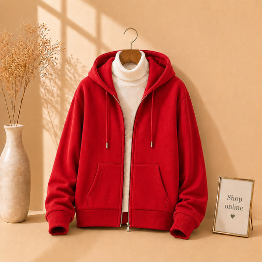 RED ZIPPER HOODIE WITH WHITE HINECK