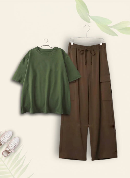 PLAIN OLIVE GREEN TSHIRT WITH BROWN CARGO TROUSER