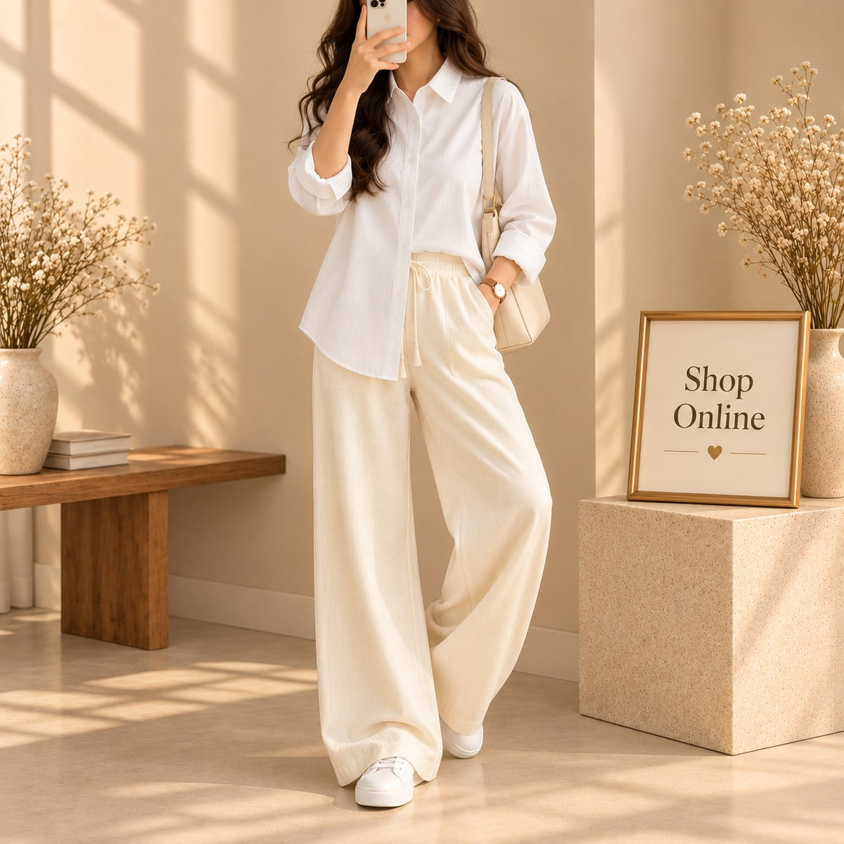 WHITE BUTTON DOWN SHIRT WITH BEIGE FLAPPER
