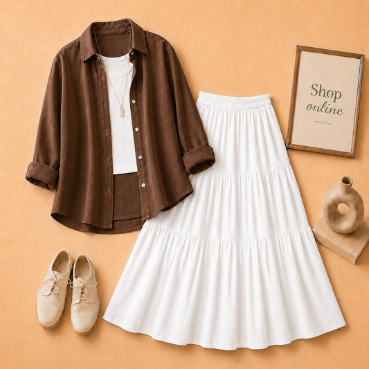 BROWN BUTTON SHIRT WITH WHITE TANKTOP AND WHITE 3 TIER SKIRT