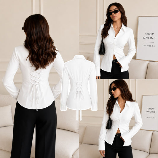 WHITE FITTED BUTTON SHIRT ( CORSET BACK)