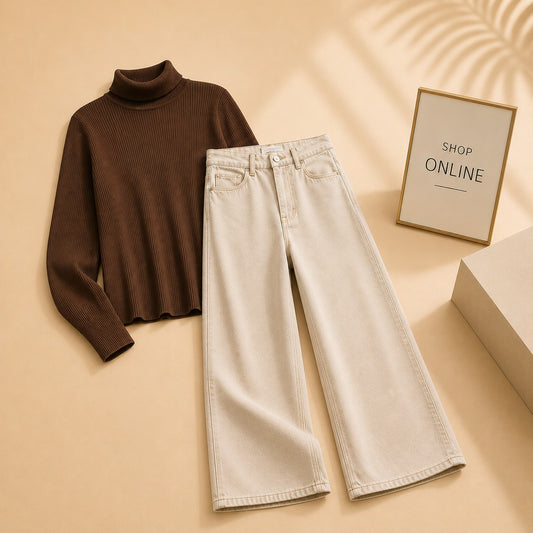 BROWN HIGH NECK WITH BEIGE WIDE LEG JEANS
