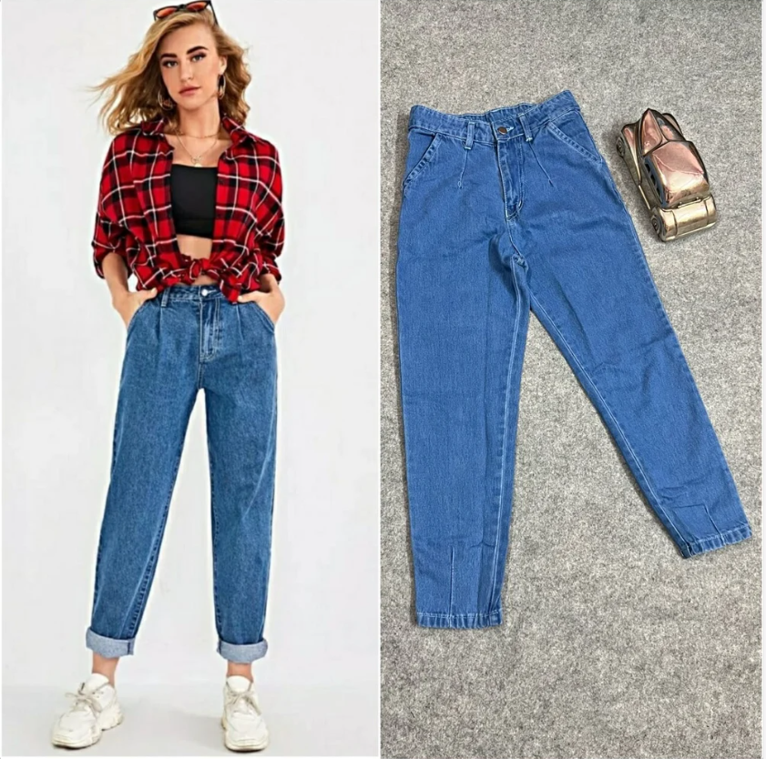 HIGH WAISTED MID BLUE MOM JEANS