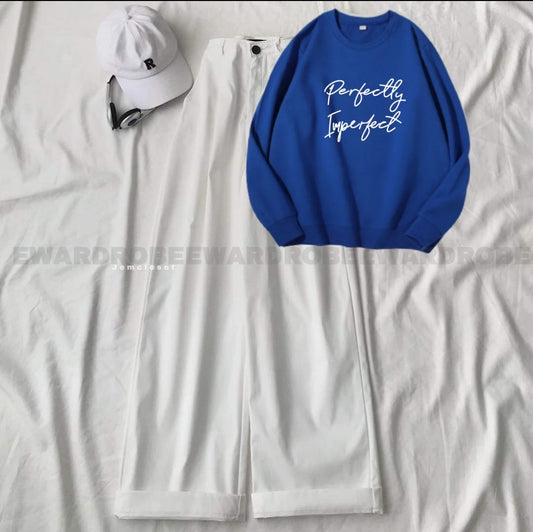 PERFECTLY IMPERFECT ROYAL BLUE SWEATSHIRT WITH WHITE WIDE LEG JEANS