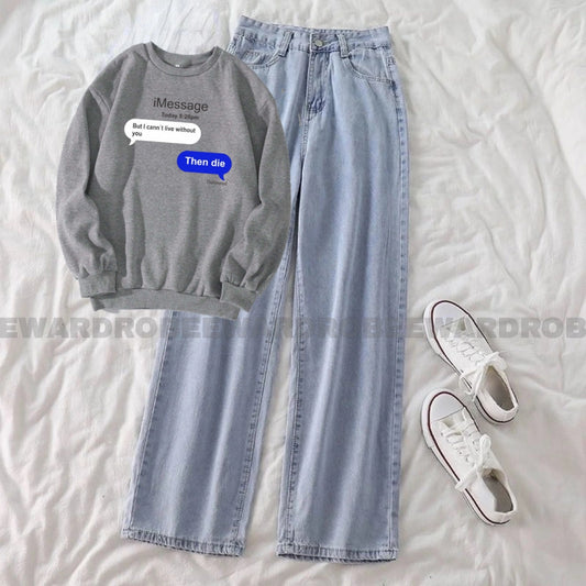 TEXT MESSAGE GREY SWEATSHIRT WITH ICE BLUE WIDE LEG JEANS