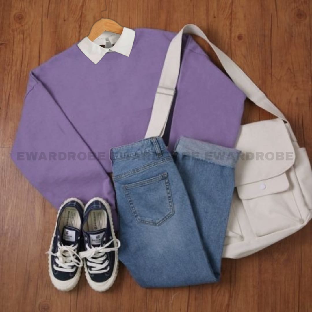 Lilac / Sea Blue Collar sweat and wideleg jeans - teehoodie.co