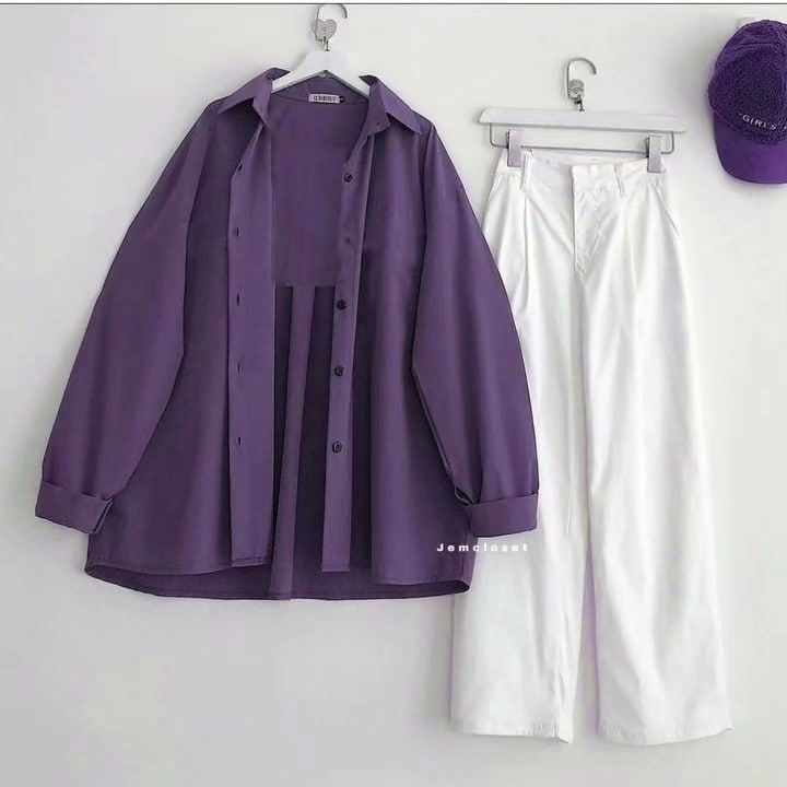 PURPLE BUTTON SHIRT WITH WHITE WIDE LEG JEANS COMBO - teehoodie.co