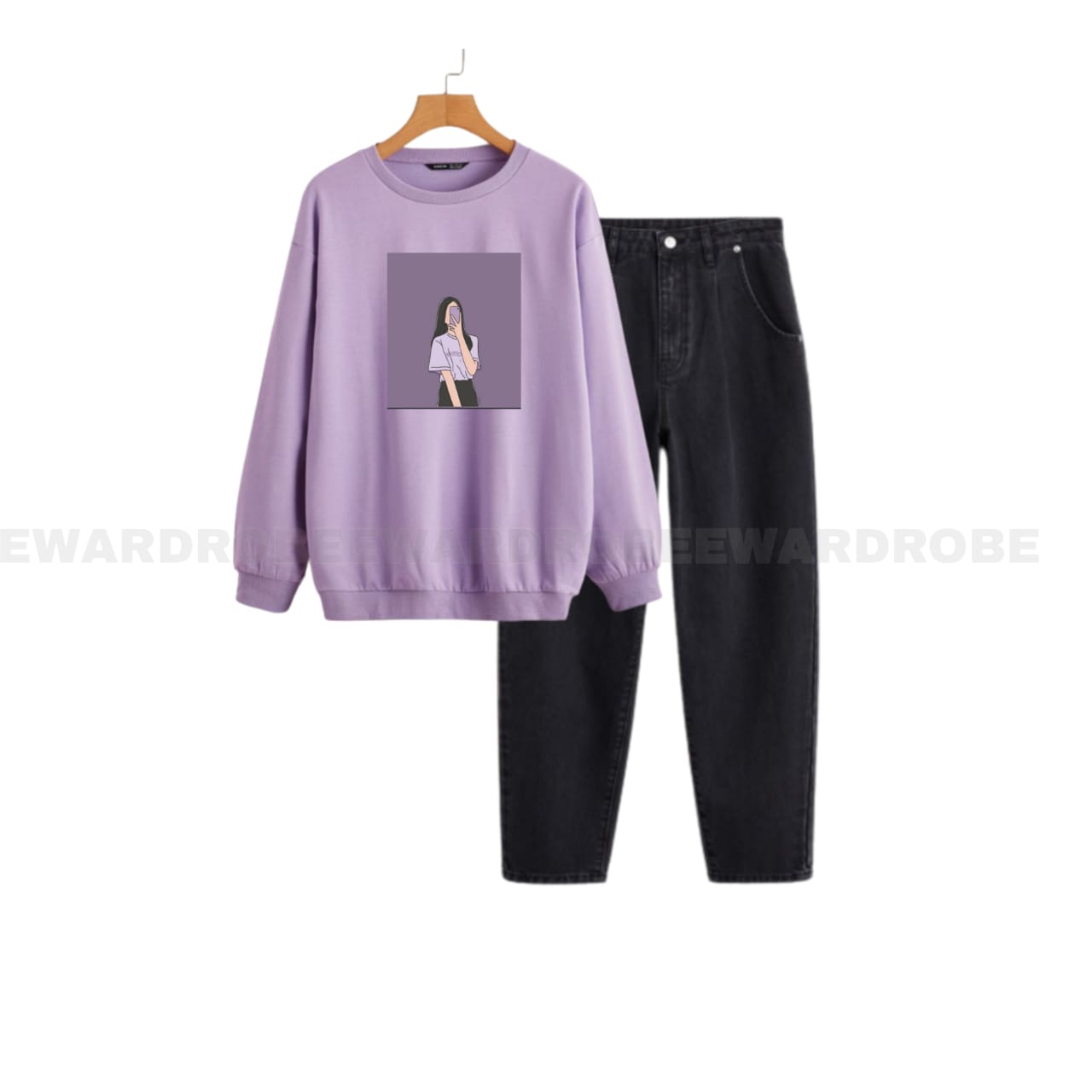 LILAC SWEATSHIRT PURPLE BACKGROUND GIRL WITH BLACK MOM JEANS - teehoodie.co