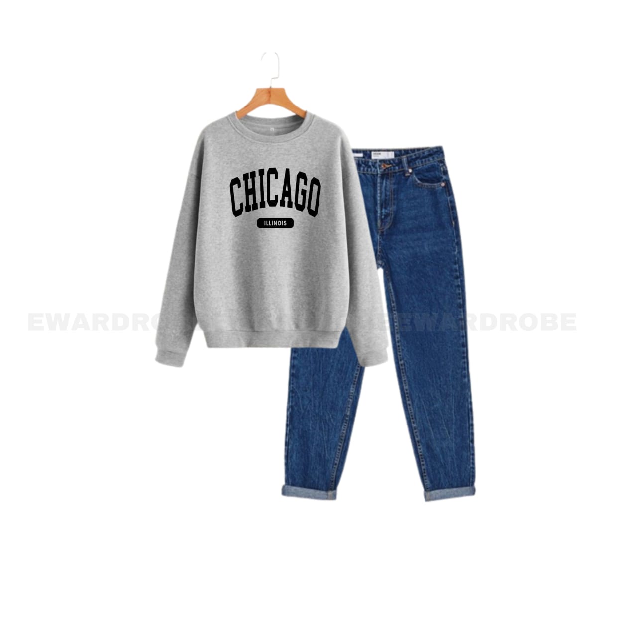 GREY CHICAGO SWEATSHIRT WITH MID BLUE MOM JEANS - teehoodie.co