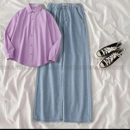 LILAC BUTTON SHIRT WITH ICE BLUE WIDE LEG