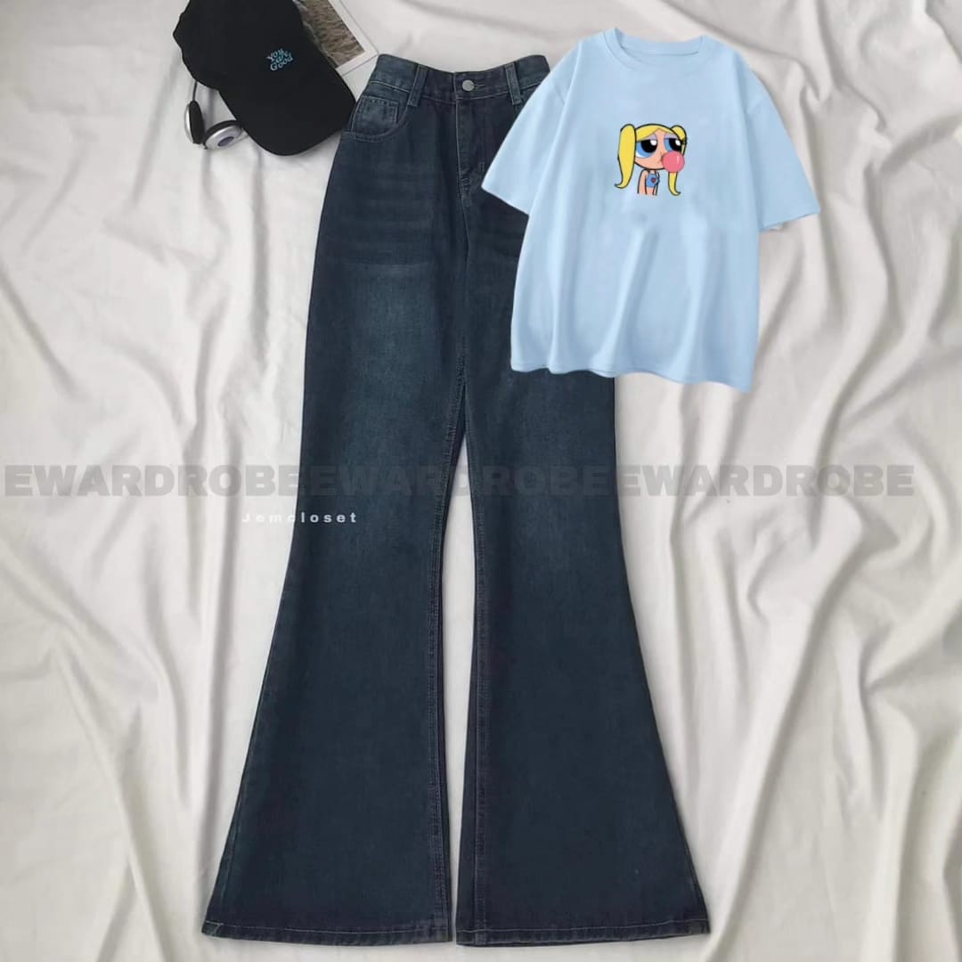 SKY BLUE TEE BUBLES WITH DARK BLUE BELL BOTTOM JEANS