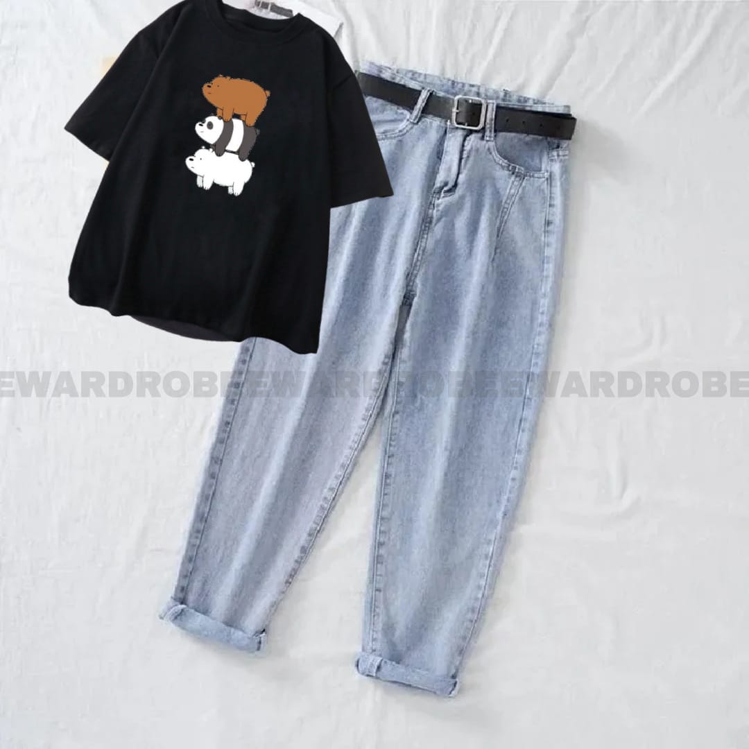 BLACK BEAR ON BEAR TSHIRT WITH ICE BLUE MOM JEANS