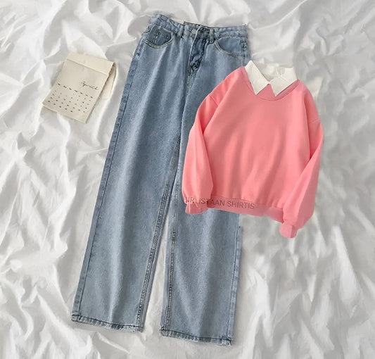 PINK COLLAR SWEATSHIRT WITH ICE BLUE WIDE LEG