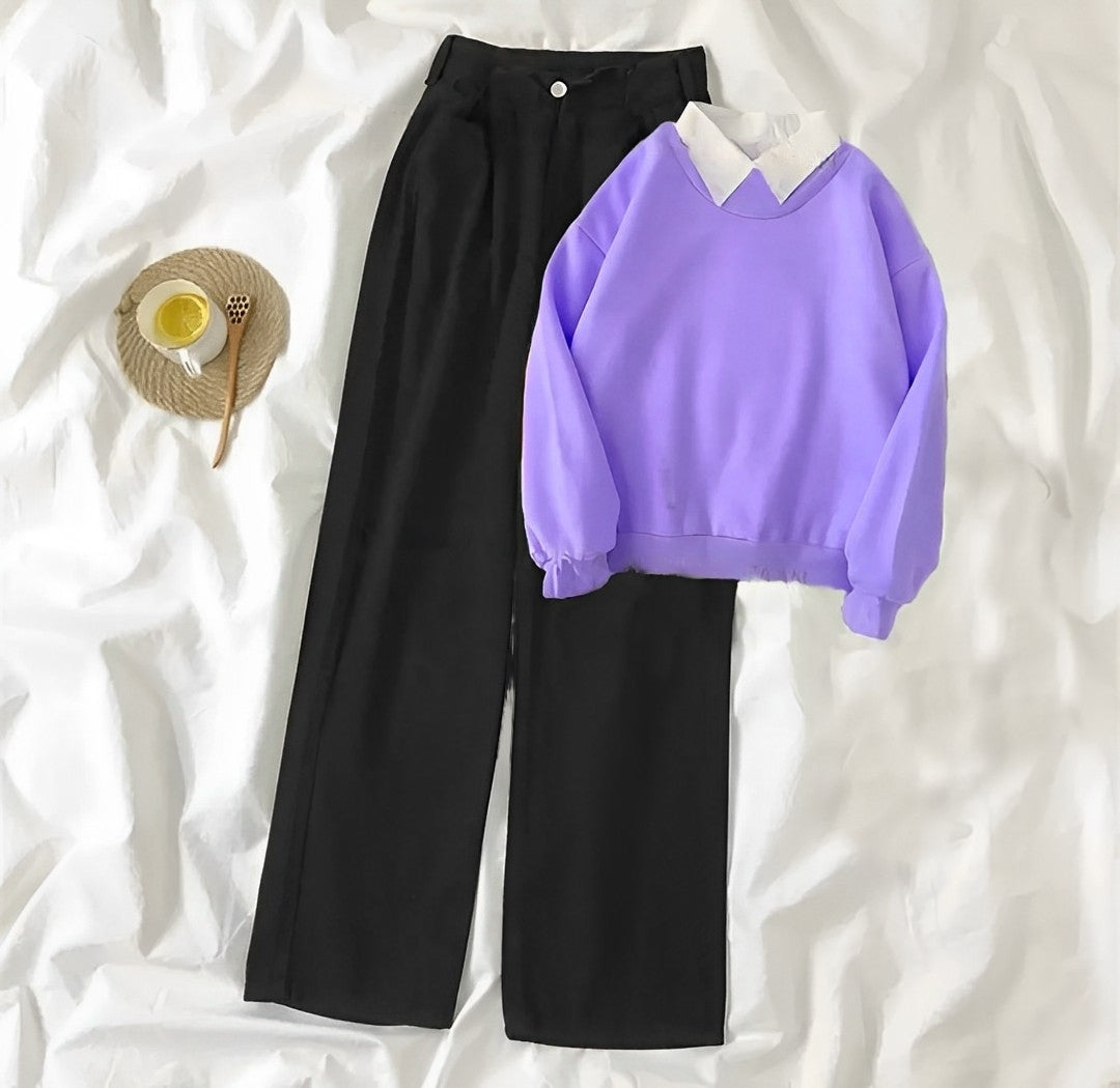 LILAC COLLAR SWEATSHIRT BLACK WIDE LEG JEANS