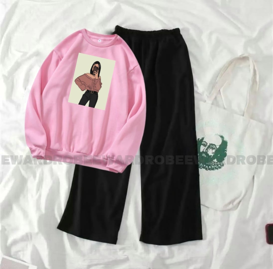 OFF SHOULDER GIRL PINK SWEATSHIRT WITH FLAPPER TROUSER