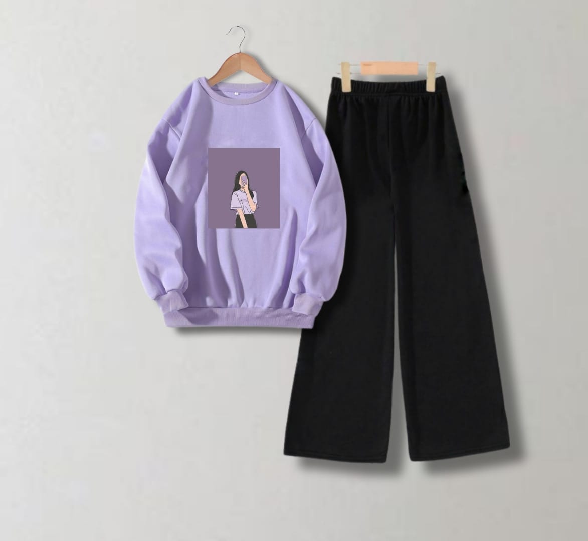 PURPLE BACKGROUND GIRL LILAC SWEATSHIRT WITH FLAPPER