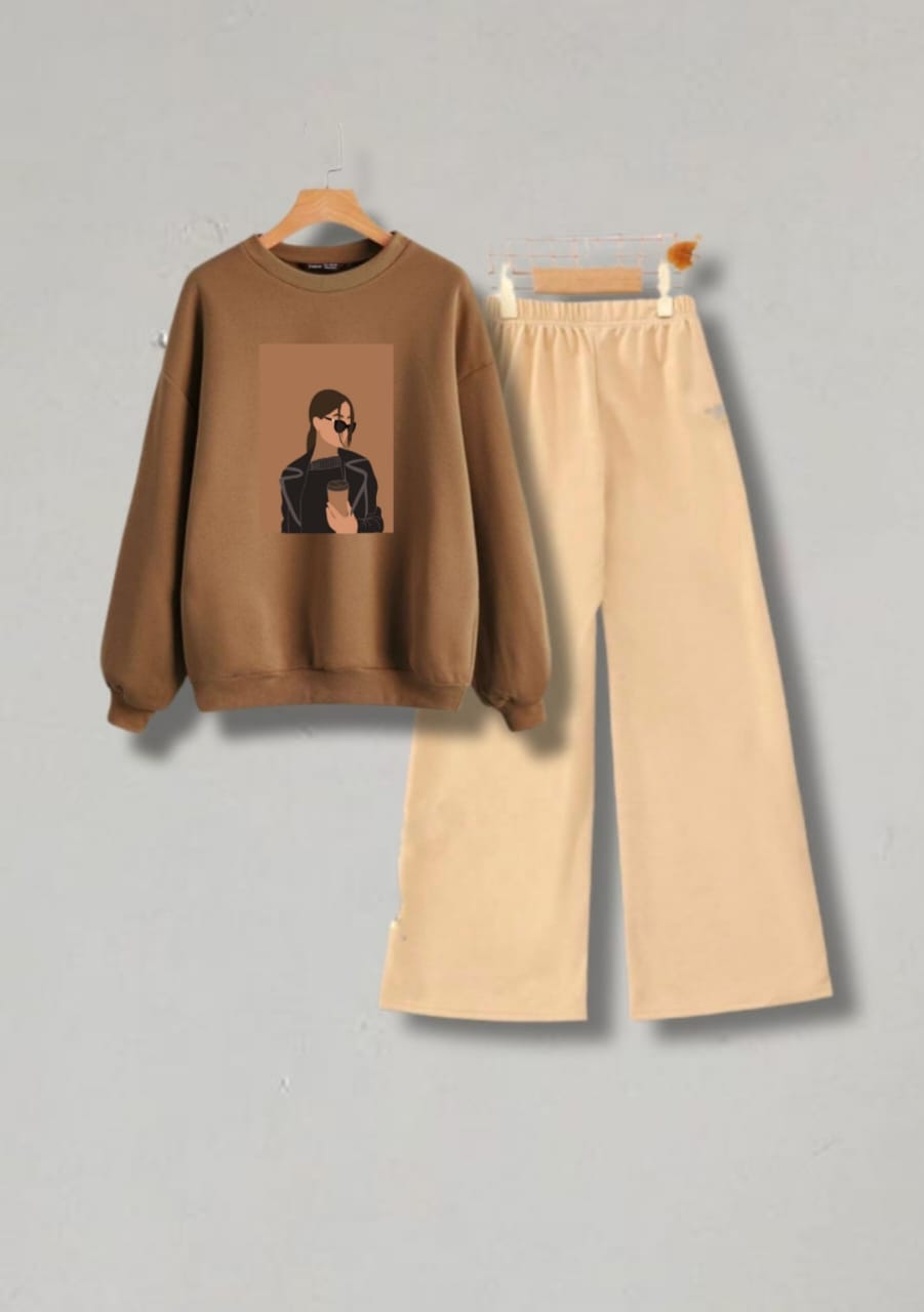 COFEE GIRL BROWN SWEATSHIRT WITH BEIGE FLAPPER