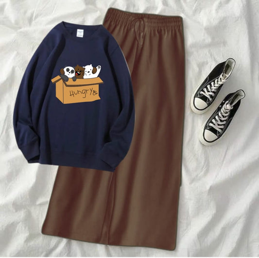 HUNGRY BEAR NAVY BLUE SWEATSHIRT WITH BROWN FLAPPER