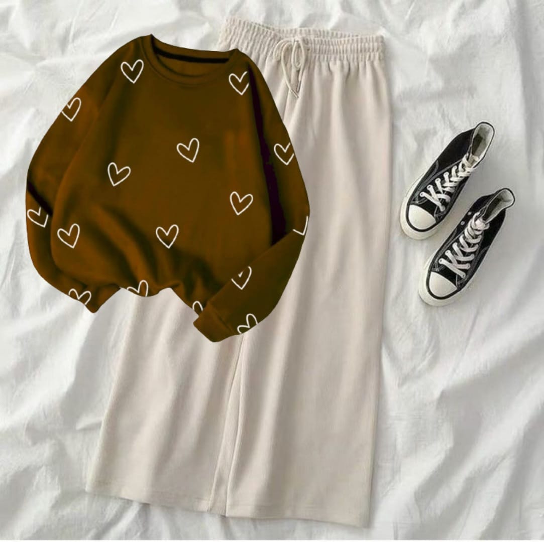 HEARTS ALLOVER BROWN SWEATSHIRT WITH BEIGE FLAPPER