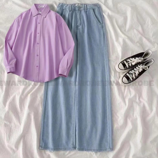 LILAC BUTTON DOWN SHIRT WITH ICE BLUE WIDE LEG JEANS