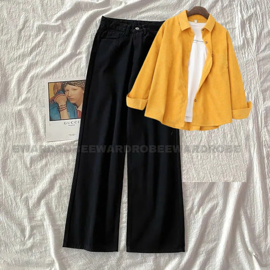 MUSTARD BUTTON DOWN SHIRT WITH INNER WITH BLACK WIDE LEG JEANS