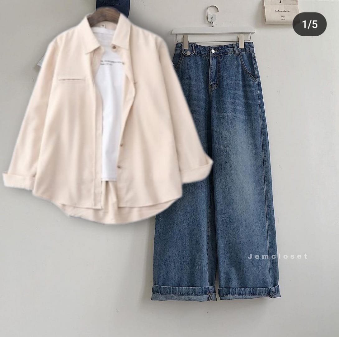 OFFWHITE SHIRT WITH INNER AND MID BLUE WIDE LEG JEANS (3PCS)
