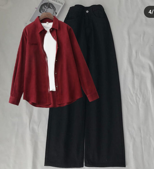 MAROON BUTTON SHIRT WITH INNER AND BLACK WIDE LEG JEANS (3PCS)