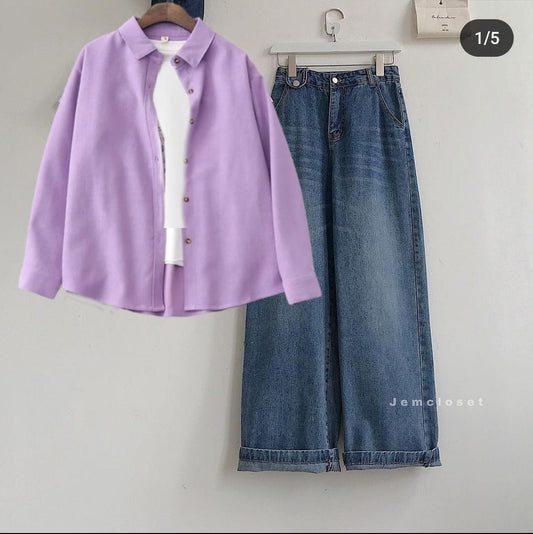 LILAC BUTTON SHIRT WITH INNER AND MID BLUE WIDE LEG JEANS