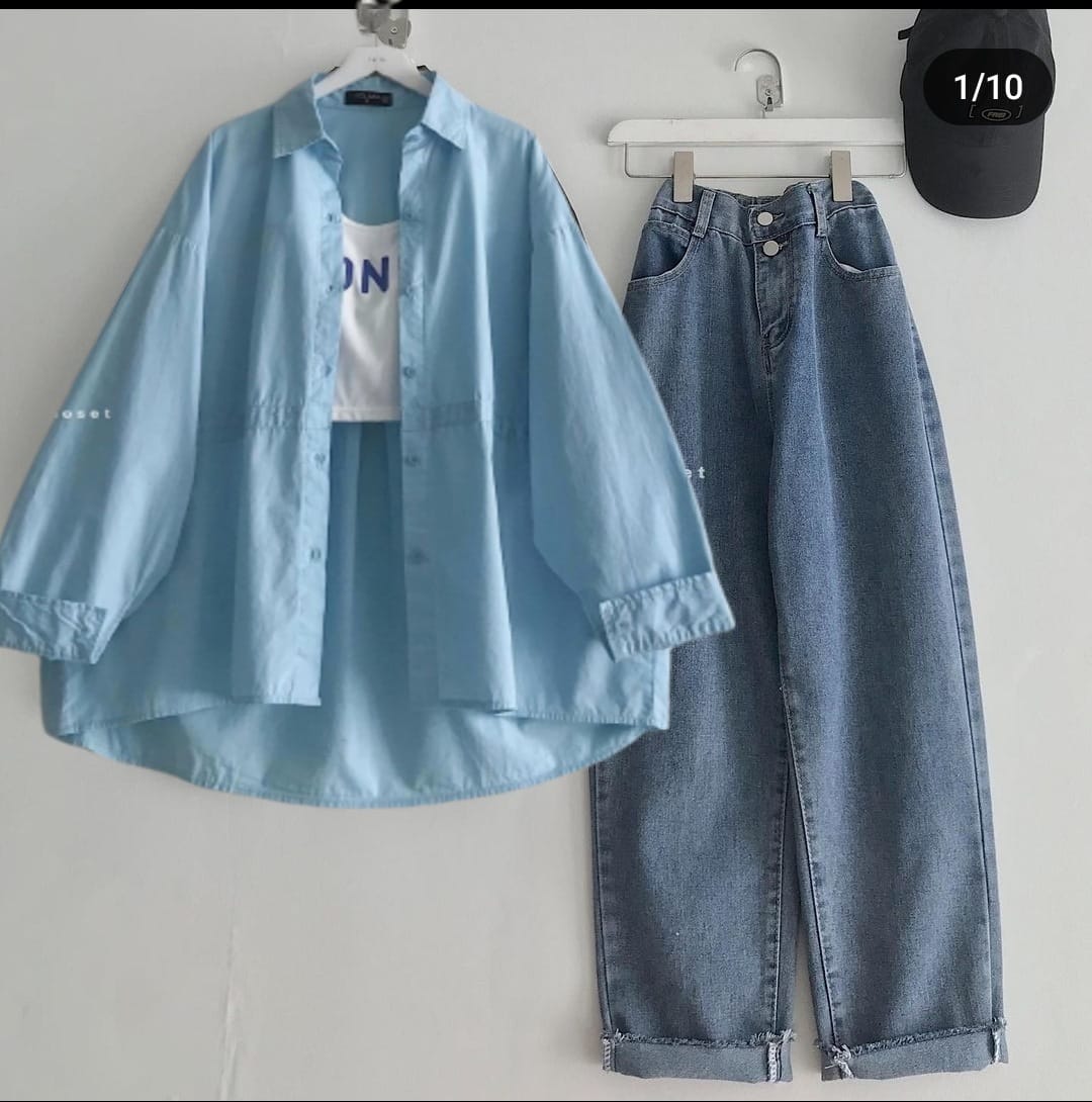 SKY BLUE BUTTON SHIRT AND TANK TOP WITH SKY BLUE WIDE LEG JEANS (3PCS)