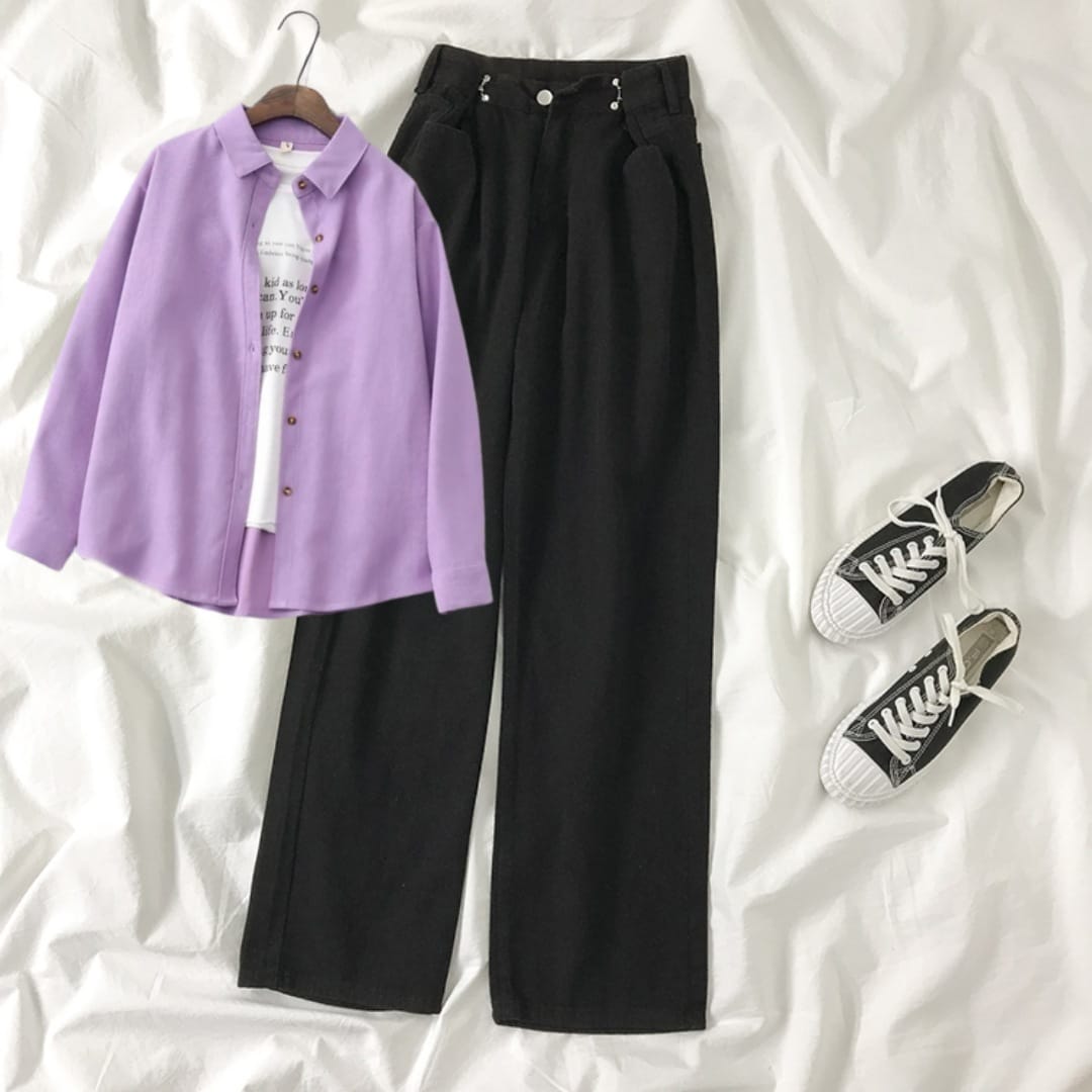 LILAC BUTTON SHIRT WITH BLACK WIDE LEG JEANS