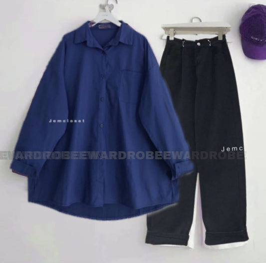 ROYAL BLUE BUTTON SHIRT WITH BLACK WIDE LEG JEANS