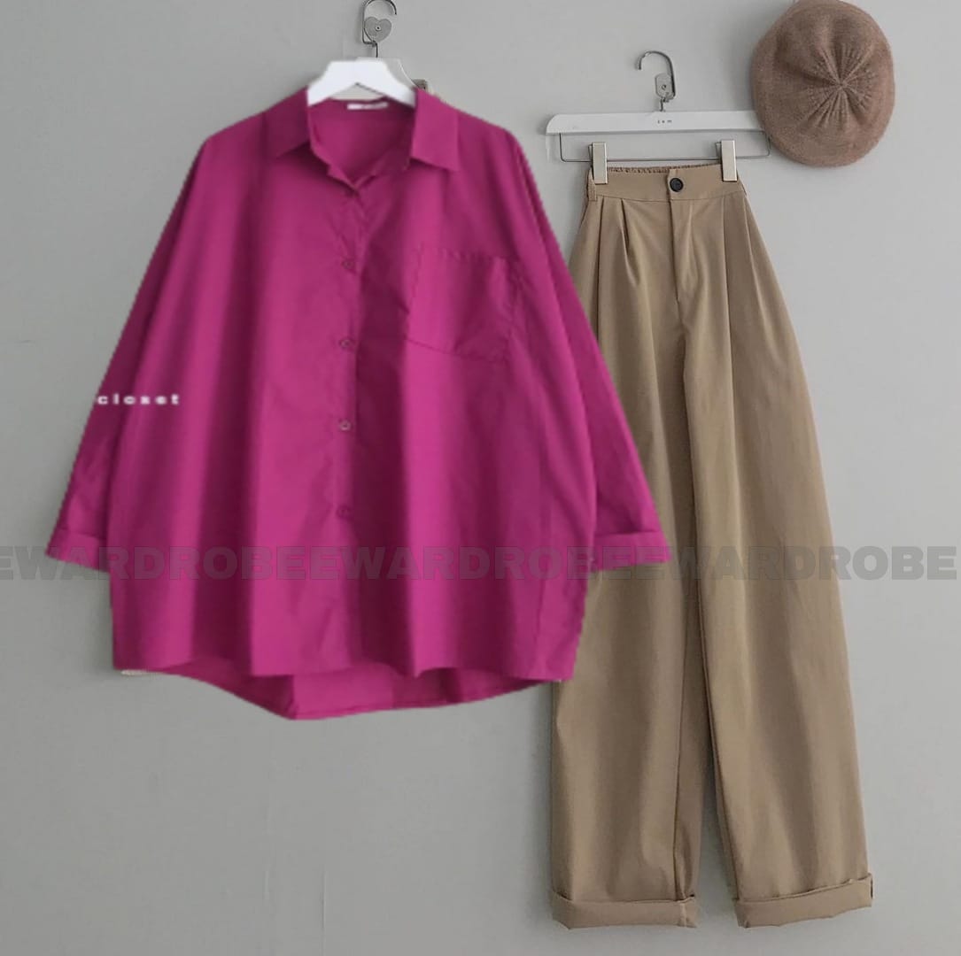 SHOCKING PINK BUTTON SHIRT WITH BEIGE WIDE LEG JEANS