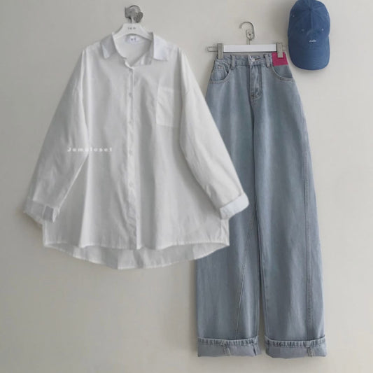 WHITE BUTTON SHIRT WITH ICE BLUE WIDE LEG JEANS