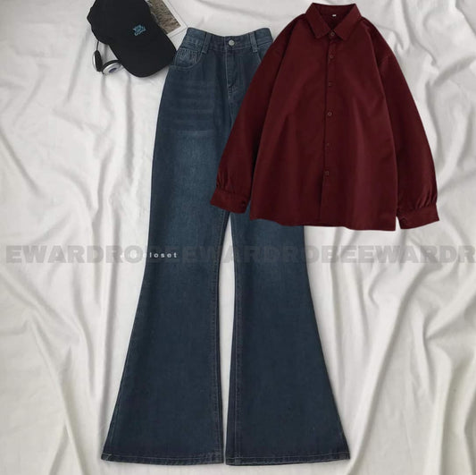 MAROON BUTTON SHIRT WITH MID BLUE BELL BOTTOM JEANS
