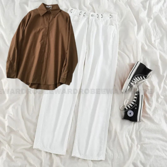 COFEE BROWN BUTTON SHIRT WITH WHITE WIDE LEG JEANS