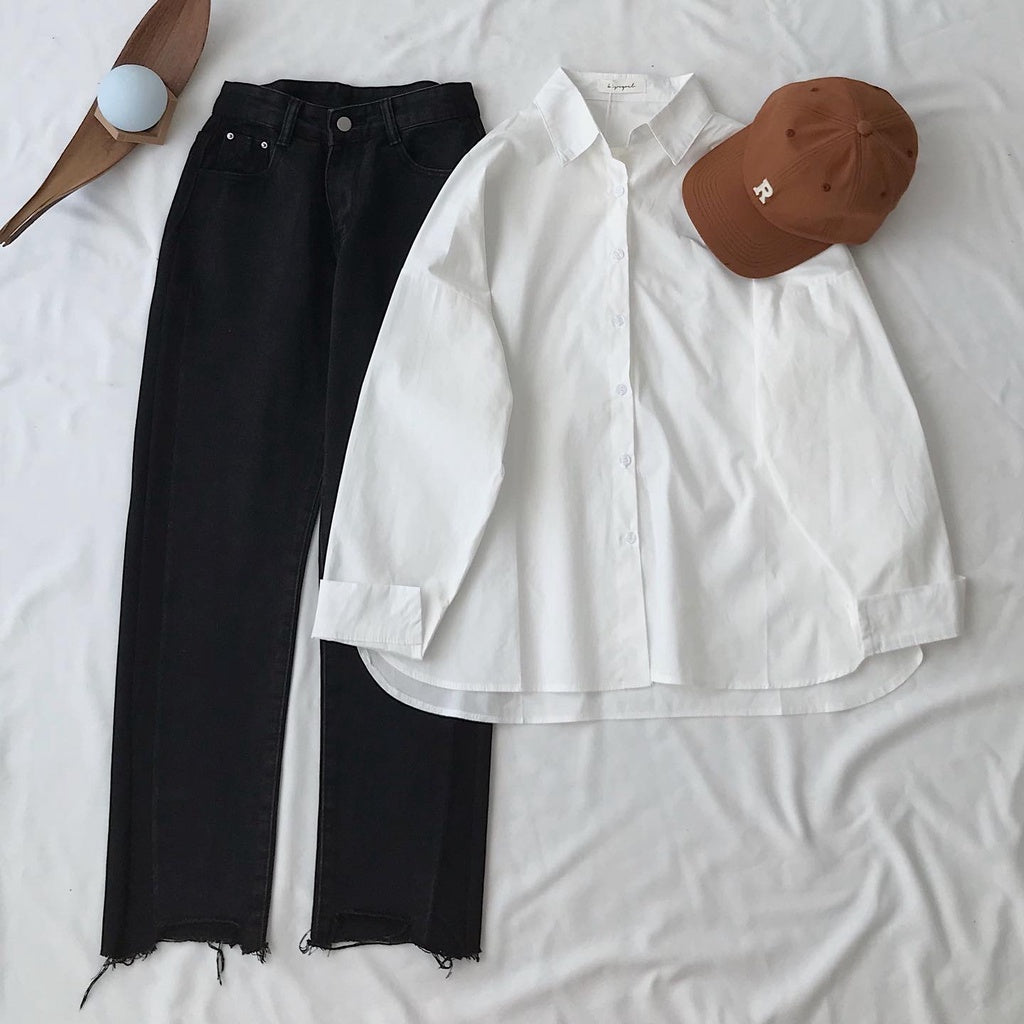 WHITE BUTTON SHIRT WITH BLACK WIDE LEG JEANS - teehoodie.co